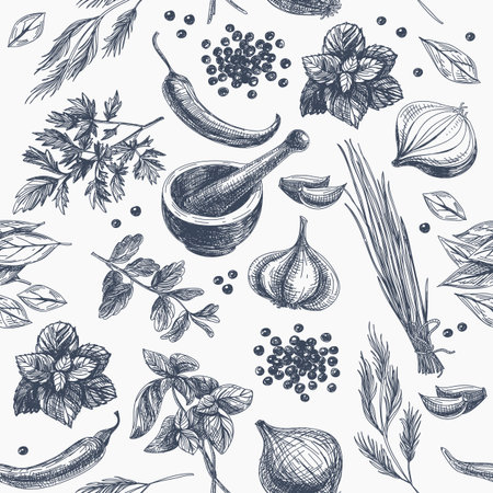 Vector seamless pattern with herbs and spices. Modern stylish texture. Repeating abstract background.のイラスト素材