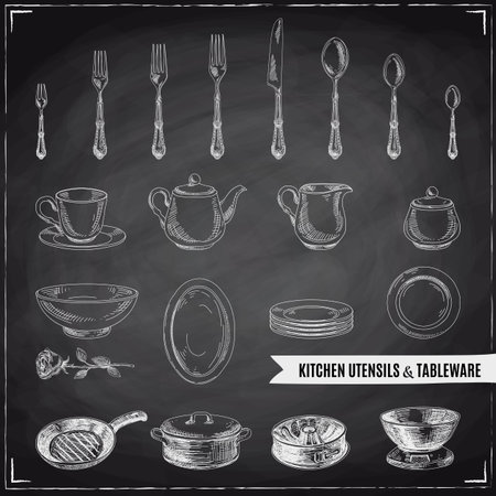 Vector hand drawn illustration with kitchen tools. Sketch. Chalkboardのイラスト素材