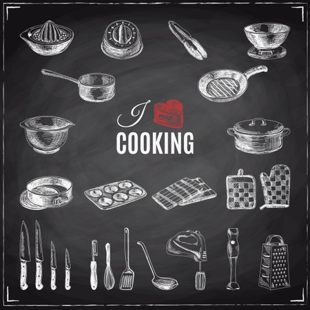 Vector hand drawn illustration with kitchen tools. Sketch. Chalkboardのイラスト素材