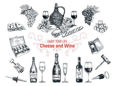 Vector set of vine and cheese elements. Vector illustration in sketch style. Hand drawn design elements.のイラスト素材