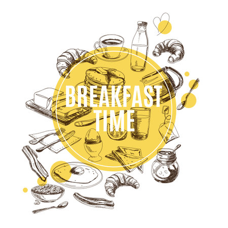 Vector background. Hand drawn breakfast illustration. Sketchのイラスト素材