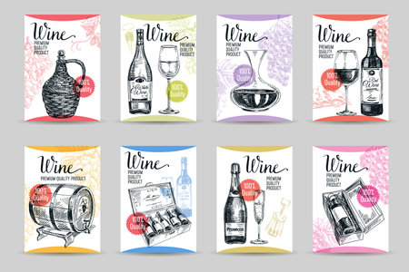 Vector wine background. Winery vintage illustration. Cards setのイラスト素材
