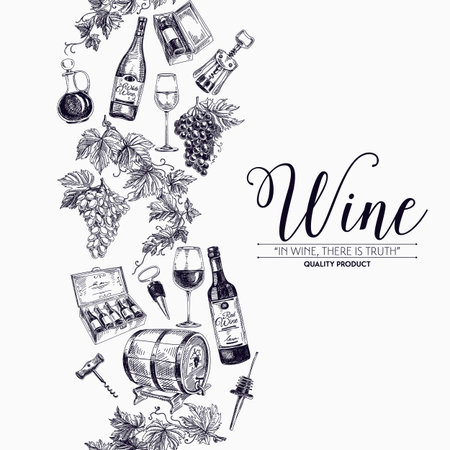 Vector background with hand drawn wine bottle, wine cask and wineglass. Winery illustration. Template design. Border. Repeating background.のイラスト素材