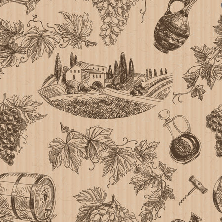 Vector wine retro seamless pattern. Vintage style. Winery repeating retro backgroundのイラスト素材