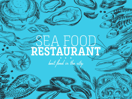Vector hand drawn sea food Illustration. Vintage style. Retro food background. Sketchのイラスト素材