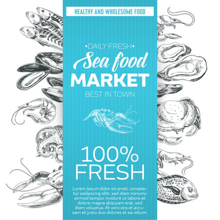 Vector hand drawn sea food Illustration. Vintage style. Retro food background. Sketchのイラスト素材