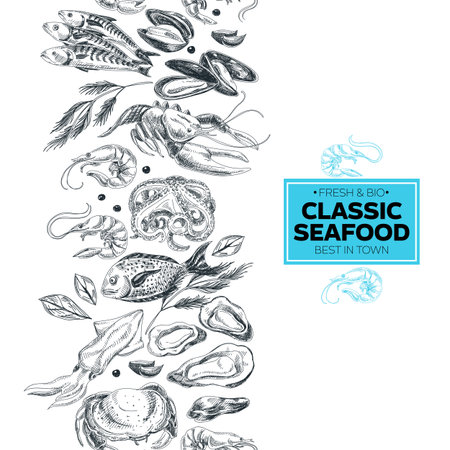 Vector hand drawn sea food Illustration. Vintage style. Retro food background. Sketchのイラスト素材