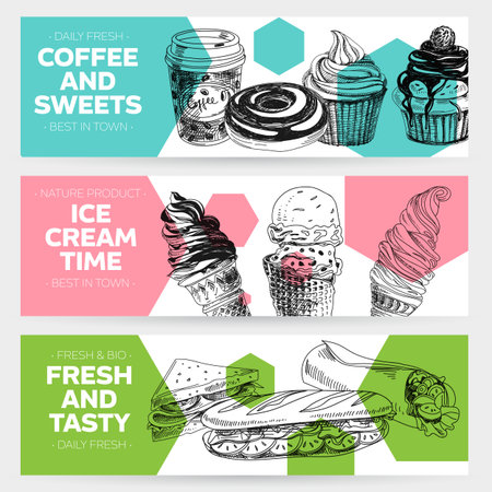 Vector hand drawn fast food banners set. Vintage style. Retro food background. Sketchのイラスト素材