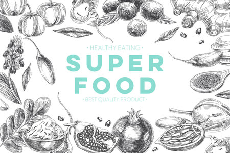 Vector hand drawn superfood Illustration. Sketch vintage style. Design template.のイラスト素材