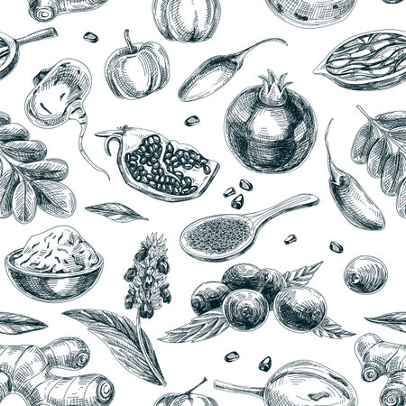Vector hand drawn superfood seamless pattern. Sketch vintage style. Design template. Repeating background.のイラスト素材