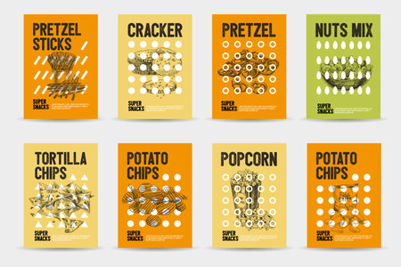 Vector hand drawn snack and junk food cards set. Vintage style sketch background. Template designのイラスト素材