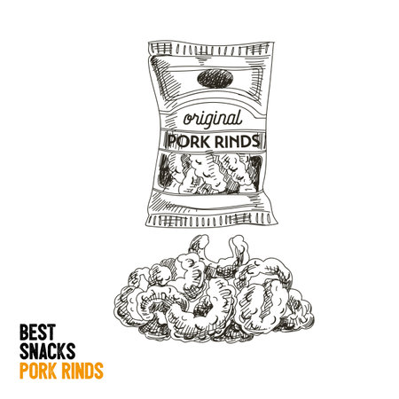 Vector hand drawn snack and junk food Illustration. Pork rinds. Vintage style sketch background.のイラスト素材