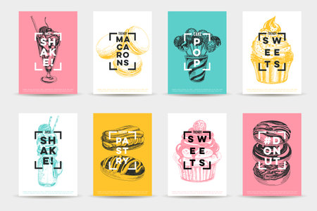 Vector hand drawn set of trendy sweets Illustrations. Sketch vintage style. Design template. Retro background.のイラスト素材