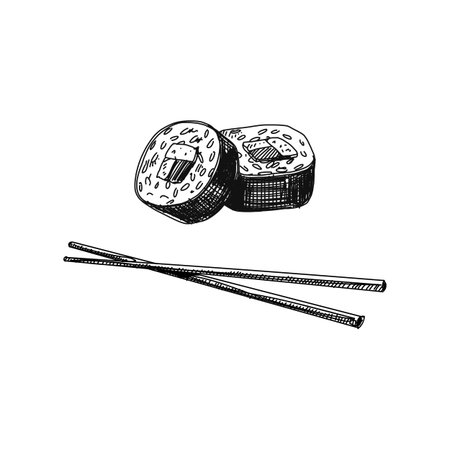 Vintage vector hand drawn Japanese food sketch Illustration. Retro style. Sushi bar.のイラスト素材