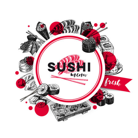Vintage vector hand drawn Japanese food sketch Illustrations set. Retro style. Sushi bar menu.のイラスト素材