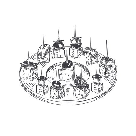 Beautiful vector hand drawn finger food Illustration. Serving plate with canape in Detailed vintage style images.のイラスト素材