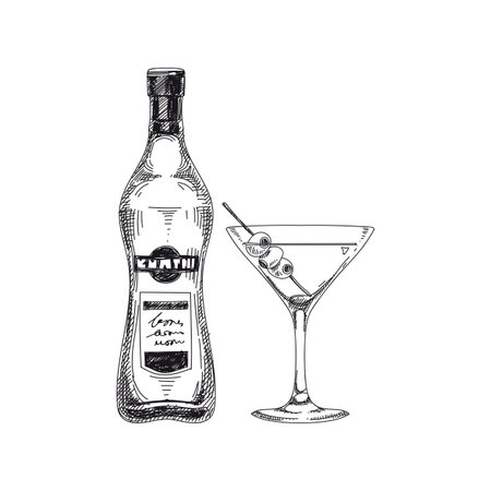 Beautiful vector hand drawn beverage Illustration.  Detailed retro style alcoholic drink image. Vintage sketch Element for labels design.のイラスト素材