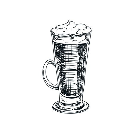 Beautiful vector hand drawn beverage Illustration.  Detailed retro style latte macchiato image. Vintage sketch Element for labels design.のイラスト素材