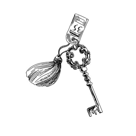 Beautiful vector hand drawn vintage hotel key Illustration. Detailed retro style images. Sketch element for labels and cards design.のイラスト素材