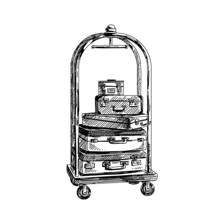 Beautiful vector hand drawn vintage suitcase trolley Illustration. Detailed retro style images. Sketch element for labels and cards design.のイラスト素材