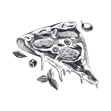 Beautiful vector hand drawn piece of pizza Illustration on white background.のイラスト素材