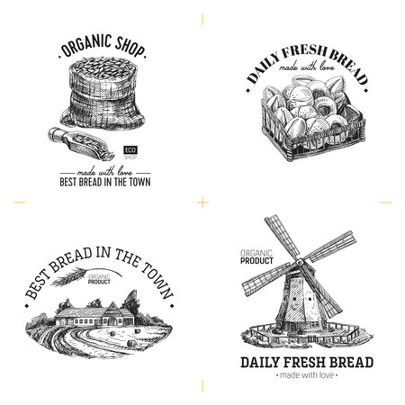 Beautiful vector hand drawn bakery and bread shop illustrations. Detailed retro style labels. Vintage sketches for logos. Elements collection for design.のイラスト素材