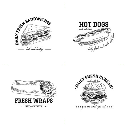 Beautiful vector hand drawn fast food illustrations. Detailed retro style labels. Vintage sketches for logos. Elements collection for design.のイラスト素材