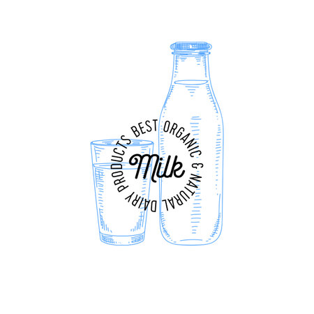Beautiful vector hand drawn dairy logo. Detailed retro style illustration. Vintage sketch for labels design.のイラスト素材