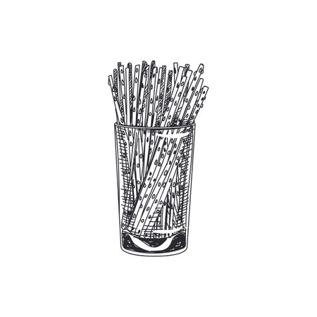 Beautiful vector hand drawn salted sticks in a glass Illustration. Detailed retro style images. Vintage sketch element for labels and cards design.のイラスト素材