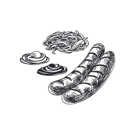 Beautiful vector hand drawn Illustration. Detailed retro style grilled sausages with mustard and ketchup image. Vintage sketch element for labels and cards design.のイラスト素材