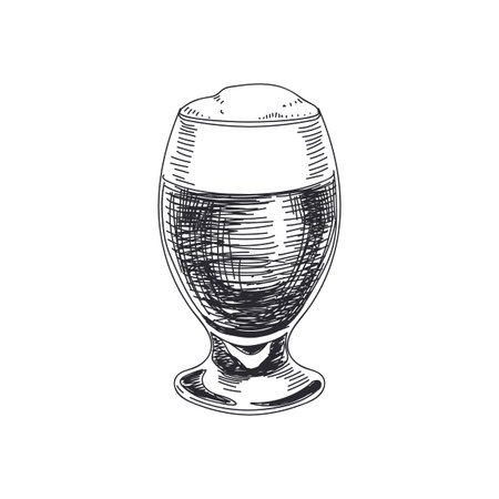 Beautiful vector hand drawn dark beer in a glass Illustration. Detailed retro style images. Vintage sketch element for labels and cards design.のイラスト素材