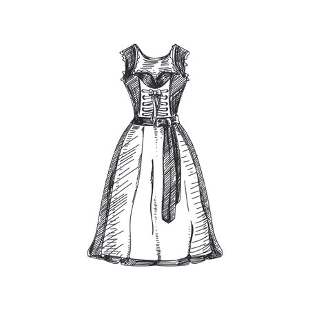 Beautiful vector hand drawn Bavarian dirndl  Illustration. Detailed retro style images. Vintage sketch element for labels and cards design.のイラスト素材