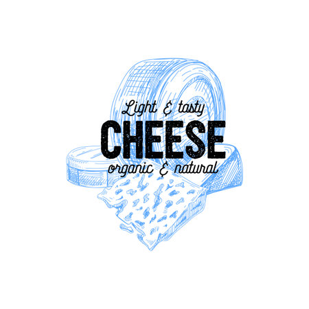 Beautiful vector hand drawn dairy products logo. Detailed retro style illustration. Vintage sketch for labels design.のイラスト素材