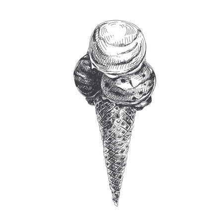 Beautiful vector hand drawn waffl cone with three scoops ice cream Illustration. Detailed retro style image. Vintage sketch element for labels, packaging and cards design. Modern background.のイラスト素材