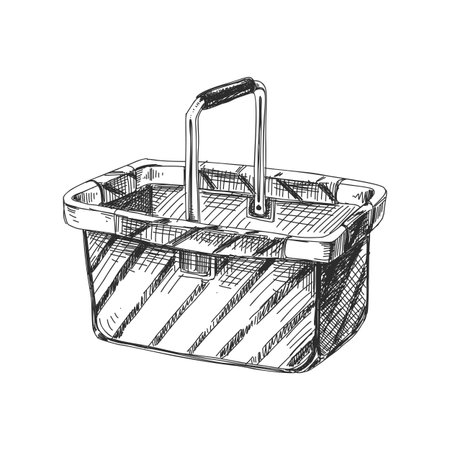 Beautiful vector hand drawn shopping basket Illustration. Detailed retro style image. Vintage sketch element for labels, packaging and cards design. Modern background.のイラスト素材