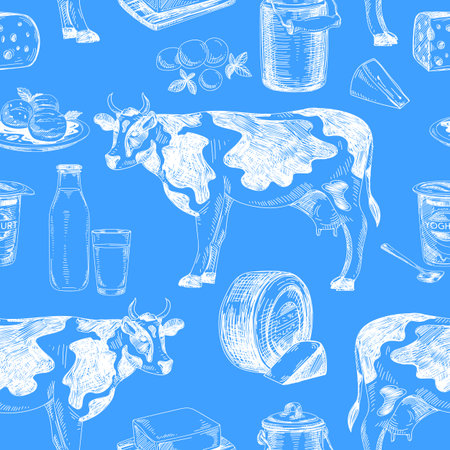 Beautiful vector hand drawn dairy products  seamless pattern. Detailed retro style images. Vintage sketch repeated background. Seamless pattern. Elements collection for design.のイラスト素材
