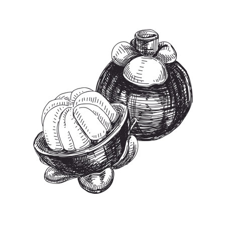 Beautiful vector hand drawn exotic fruit Illustrations. Detailed retro style mangosteen image. Vintage sketch for labels. Elements collection for design.のイラスト素材