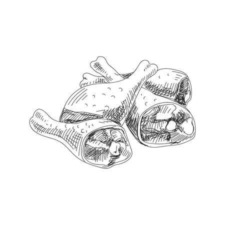 Beautiful vector hand drawn chicken legs Illustration. Detailed retro style image. Vintage sketch element for labels, packaging and cards design. Modern background.のイラスト素材