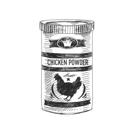 Beautiful vector hand drawn chicken powder Illustration. Detailed retro style image. Vintage sketch element for labels, packaging and cards design. Modern background.のイラスト素材