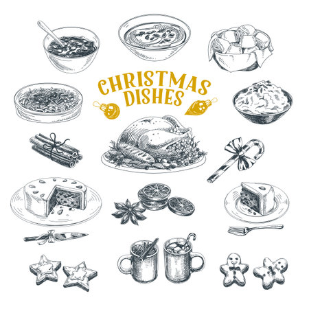 Christmas dishes hand drawn illustrations setのイラスト素材