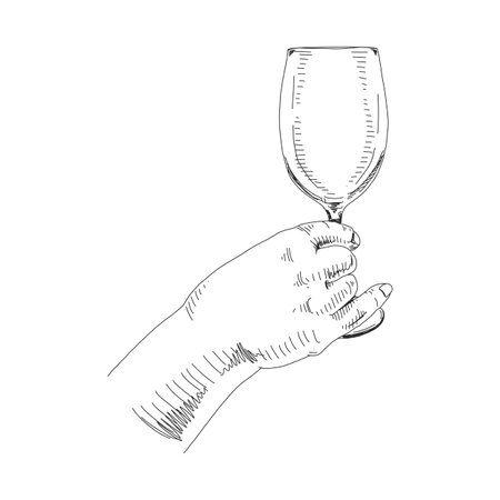 Hand holding wine glass and cup black inkのイラスト素材