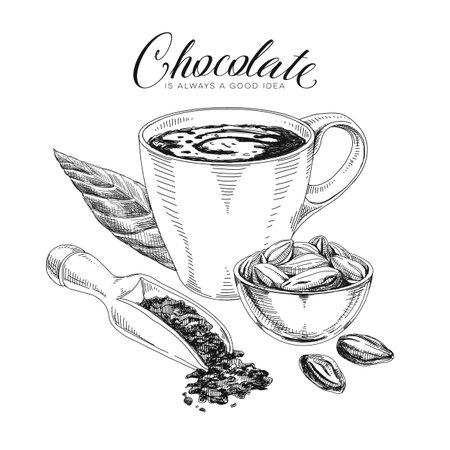 Chocolate ingredients hand drawn vector design element. Hot chocolate cup, cocoa beans and nibs retro sketch in engraved style. Cocoa drink and seeds vintage illustration with text. Poster templateのイラスト素材