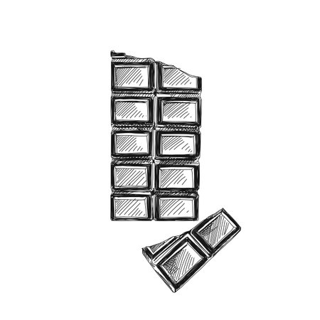 Broken chocolate bar hand drawn vector illustration. Sweet snack retro freehand sketch. Cocoa product vintage ink drawing. Engraved style cracked chocolate block isolated on white backgroundのイラスト素材