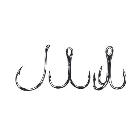 Fishing hooks hand drawn black and white vector illustration. Angling equipment simple vintage sketch. Sharp steel retro fishhooks isolated monochrome design element on white backgroundのイラスト素材