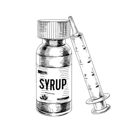 Bottle of medicine syrup and syringe for accurate dosage. Hand drawn retro vector illustration. Cough remedy vial, vintage-style sketch isolated on white background.のイラスト素材