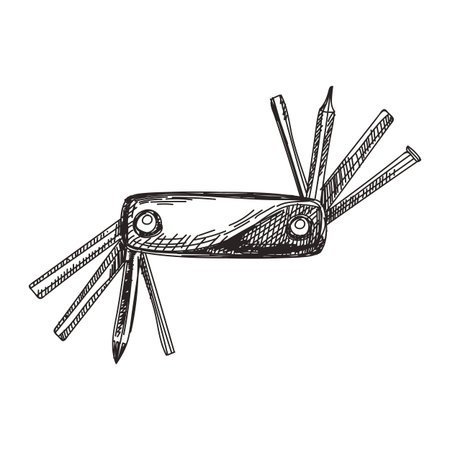 Swiss army knife hand drawn black and white vector illustration. Retro compact device with blades...