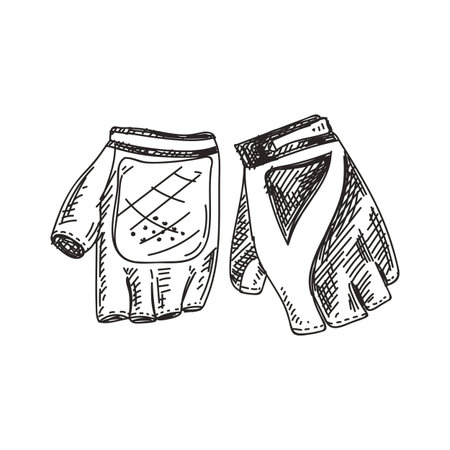 Cycling gloves hand drawn black and white vector illustration. Retro sportswear sketch. Hand protection item monochrome design element. Vintage sport gloves isolated on white backgroundのイラスト素材