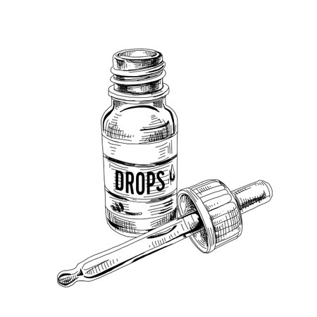 Medical drops, bottle with dropper. Hand drawn retro vector illustration. Medical container for nasal or eye liquid treatment and pipette, vintage-style sketch isolated on white background.のイラスト素材