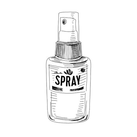 Medical spray bottle, hand drawn retro vector illustration. Medical container for throat liquid cure, vintage-style sketch isolated on white background.のイラスト素材