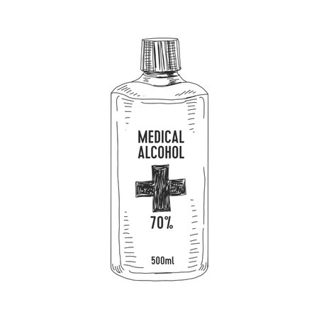 Medical alcohol bottle, hand drawn retro vector illustration. Antiseptic for medicinal use, sketch vintage engraving isolated on white.のイラスト素材